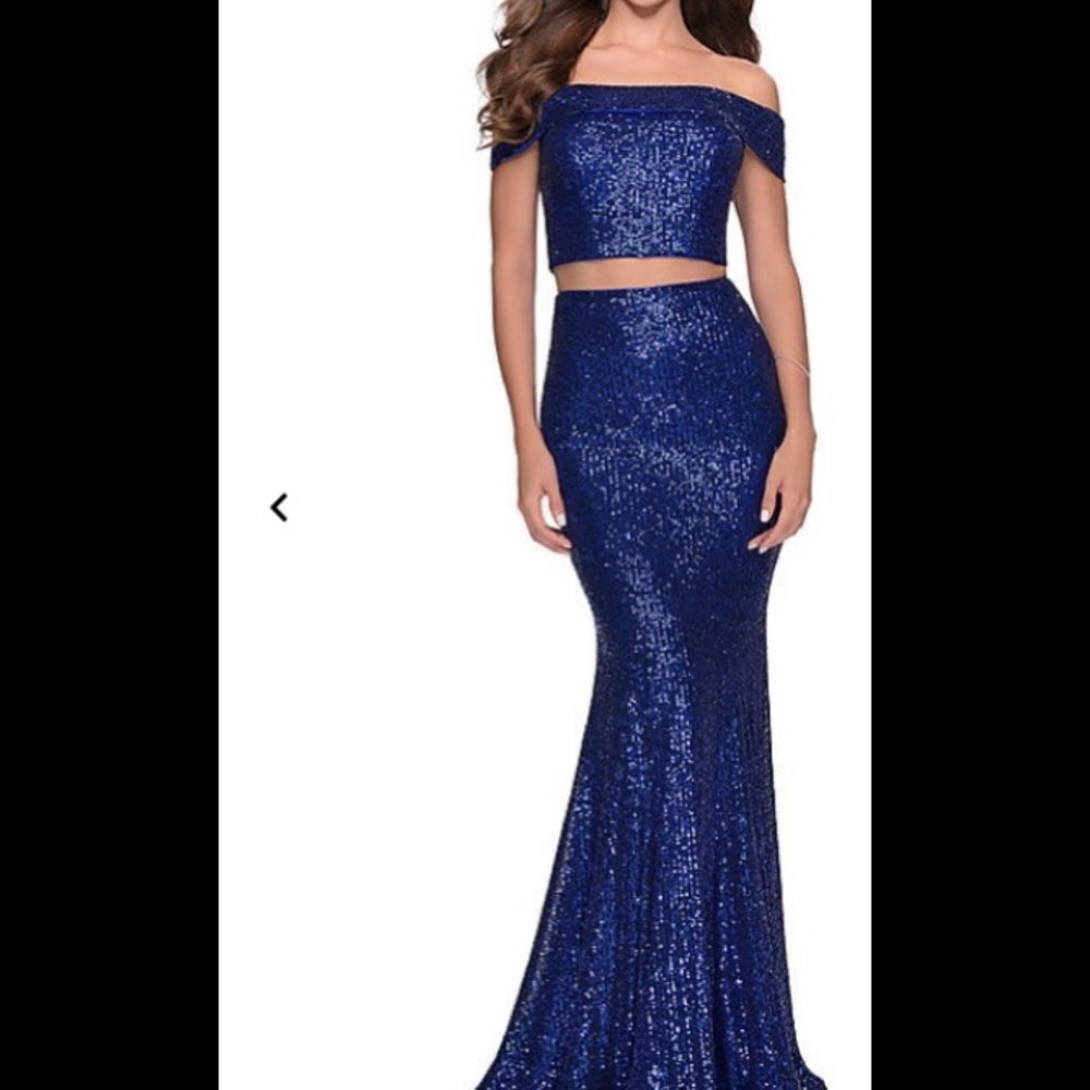 NEW La Femme 28425 sequined off shoulder 2 pieces blue maxi evening gown dress 4